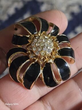 Gold-Tone Black Enamel Flower Brooch with Clear Crystal Center - Women Jewelry